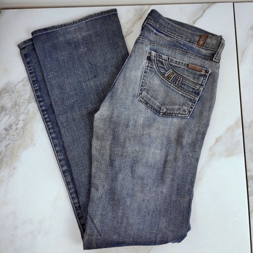 VTG Y2K 7 For All Mankind Rhinestone Embellished Low Rise Bootleg Jeans, Sz 28